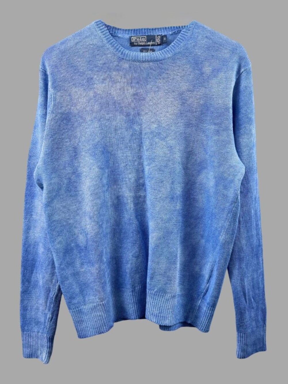 POLO RALPH LARUEN Blue Linen Water Dye Effect Sweater Sz S Relaxed Fit